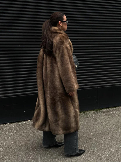 Women's Long Plush Faux Fur Coat with Lapel