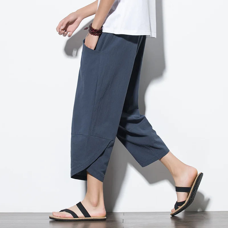 Men's Baggy Linen Cropped Trousers with Large Pockets - Oversized Loose Fit