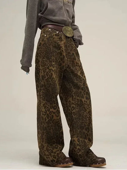 Tan Leopard Print Wide-Leg Jeans for Women - Oversized Style Pants