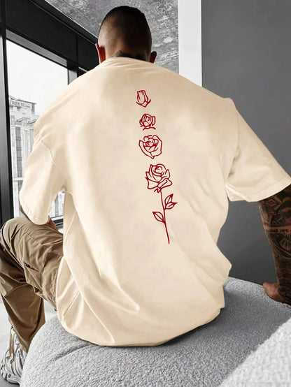 Men's Relaxed Fit Cotton T-Shirt with Rose Print Pattern