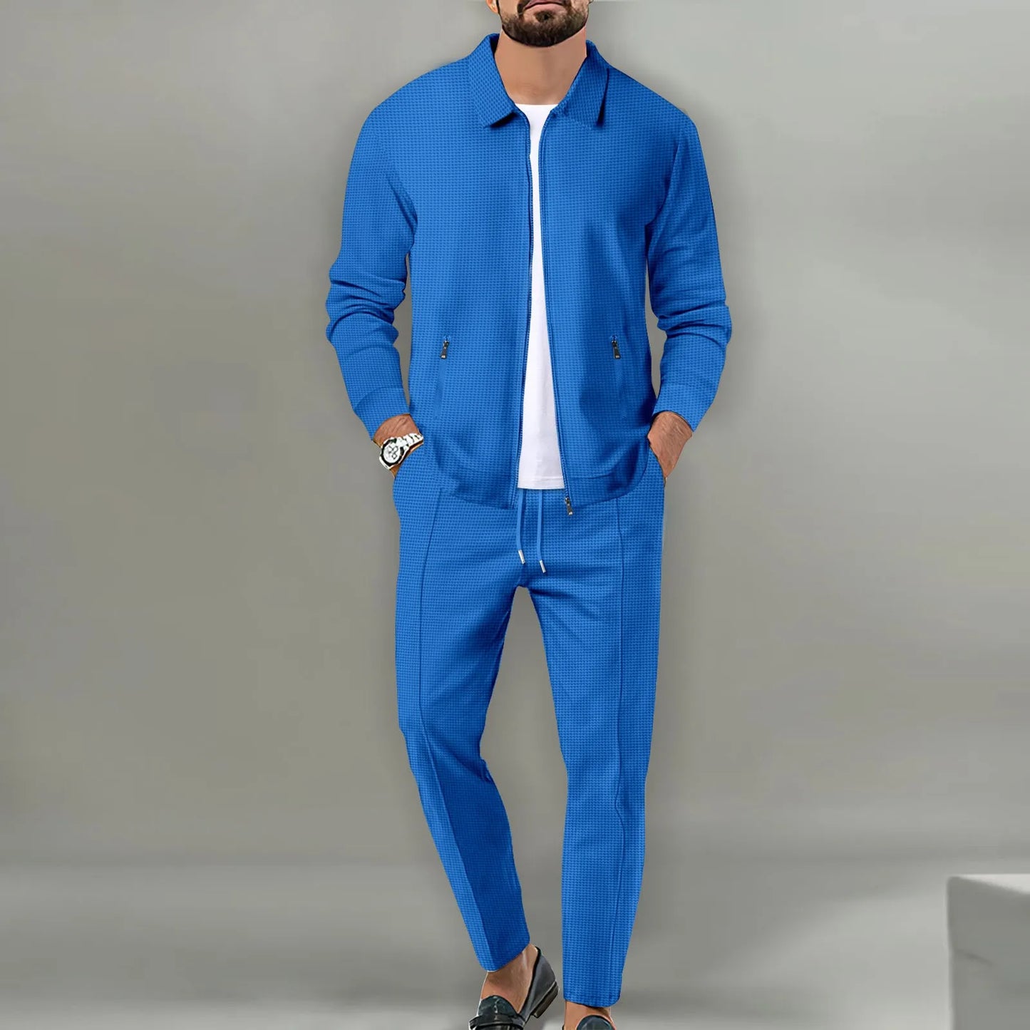 Men's Two-Piece Stand Collar Zipper Jacket and Drawstring Pants Ensemble