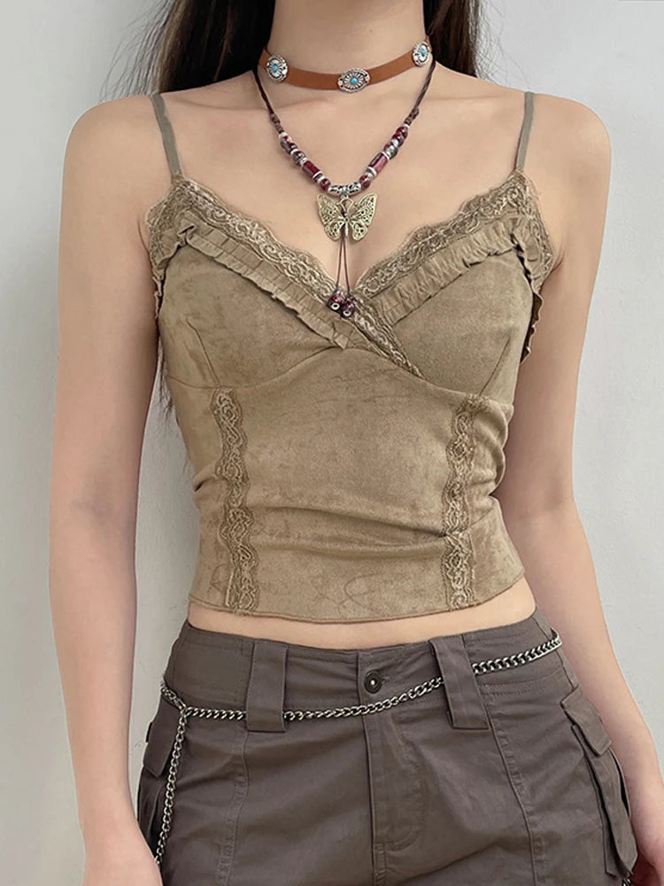 Lace Mini Vest Women's Khaki Spaghetti Strap Crop Top