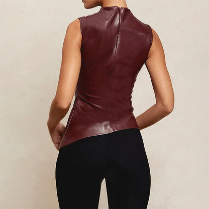 Faux Leather Stacked Collar Sleeveless Crop Top for Women with Waist-Enhancing Design