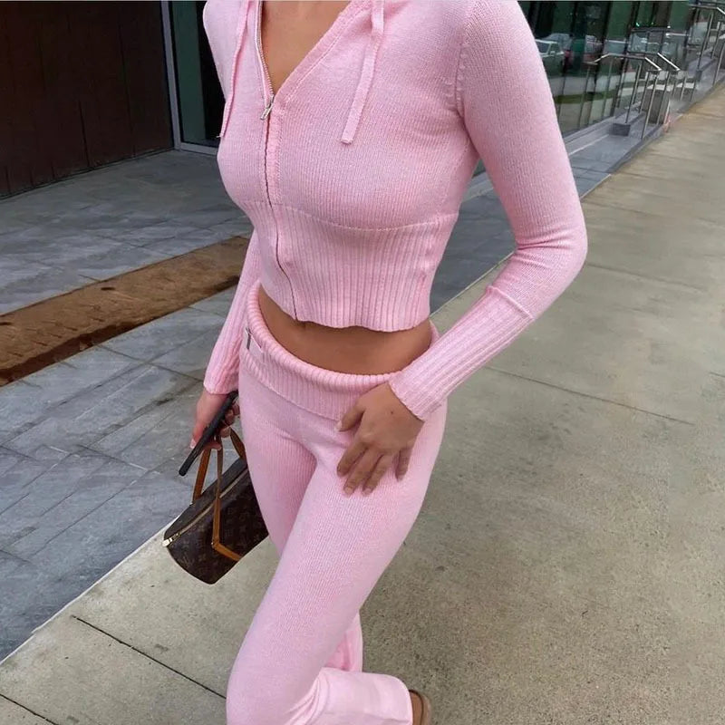 Knitted Women's 2-Piece Tracksuit: Long Sleeve Zipper Hooded Sweater & Flare Pants Matching Set