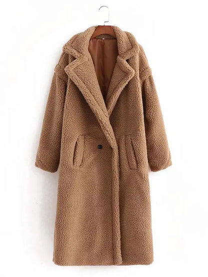 Women's Faux Fur Teddy Coat with Lapel Collar and Pockets