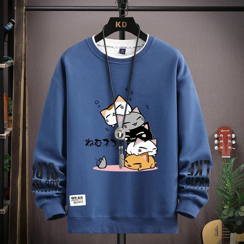 Men's Sweater with Japanese Cartoon Cat Print - Various Colors