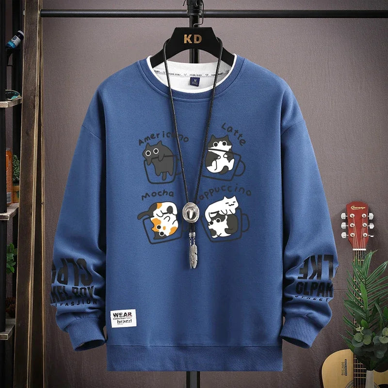 Men's Sweater with Japanese Cartoon Cat Print - Various Colors