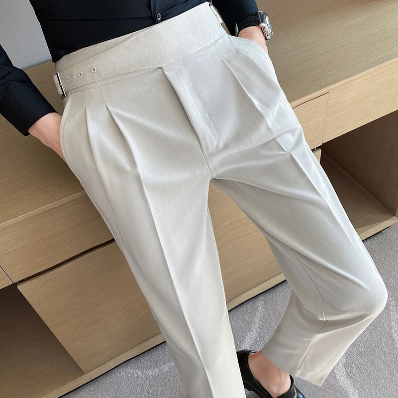 Men's High-Waisted Casual Dress Pants with Belt - Various Colors