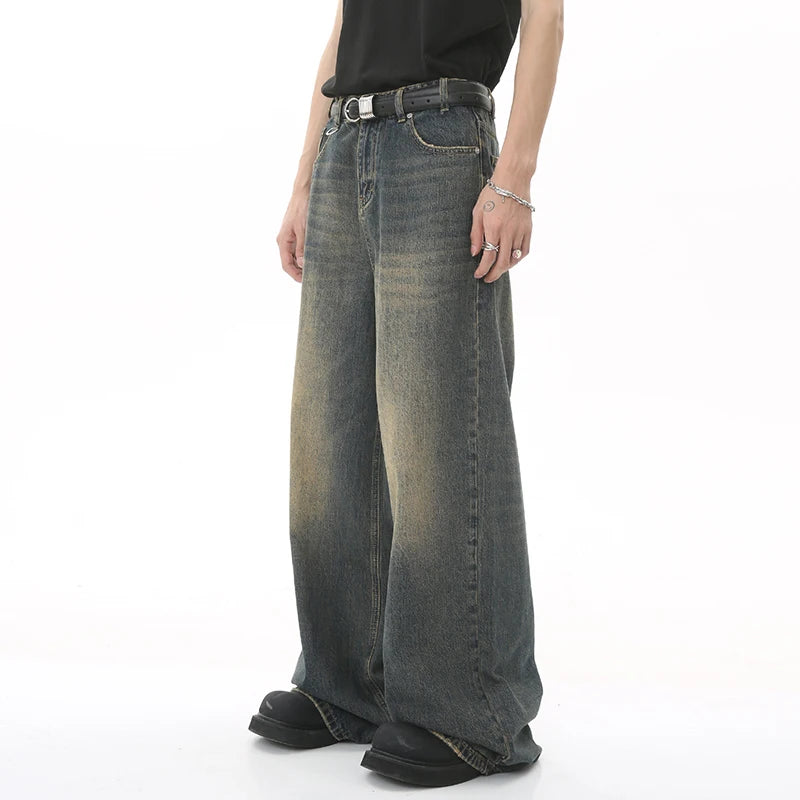 Men's Retro Washed Wide Leg Denim Jeans - Casual Street Style