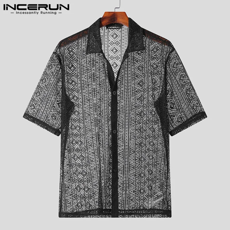 Men's Long Sleeve Transparent Mesh Lace Shirt