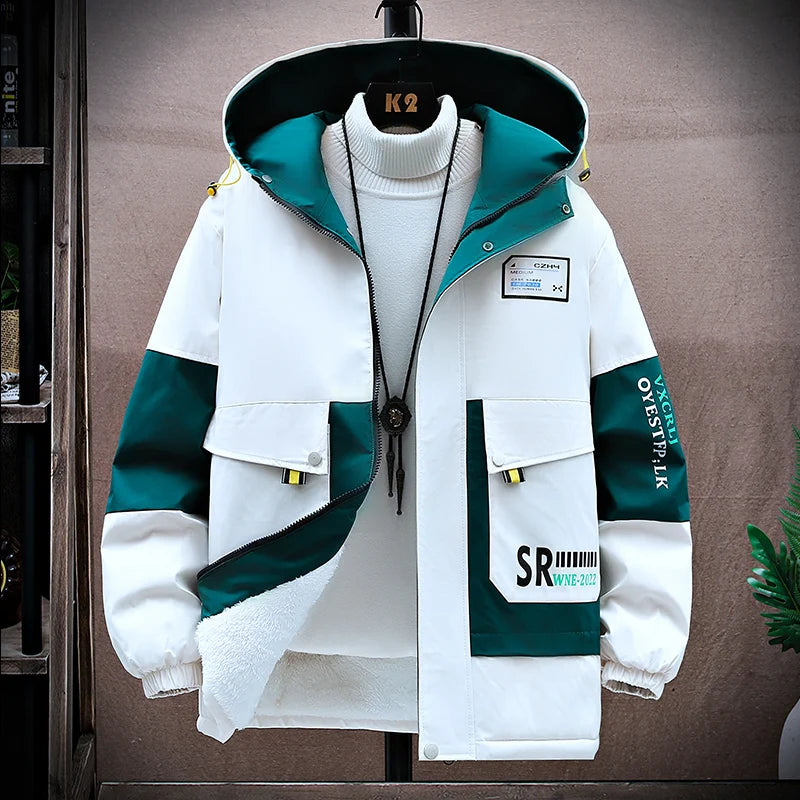 Men's Hooded Jacket with Color Block Design and Thick Insulation