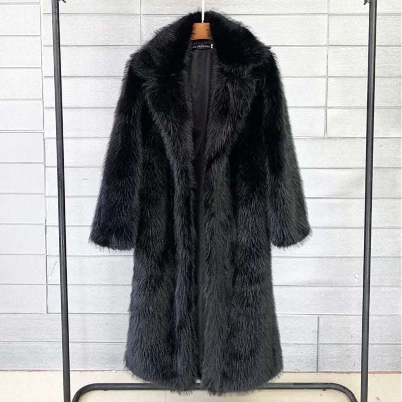 Warm Long Faux Fur Overcoat for Women with Turn Down Collar