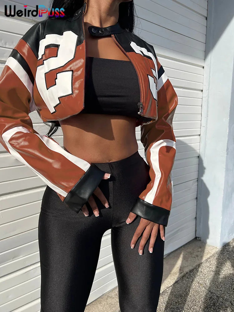 Weird Puss Faux Leather Crop Jacket for Women