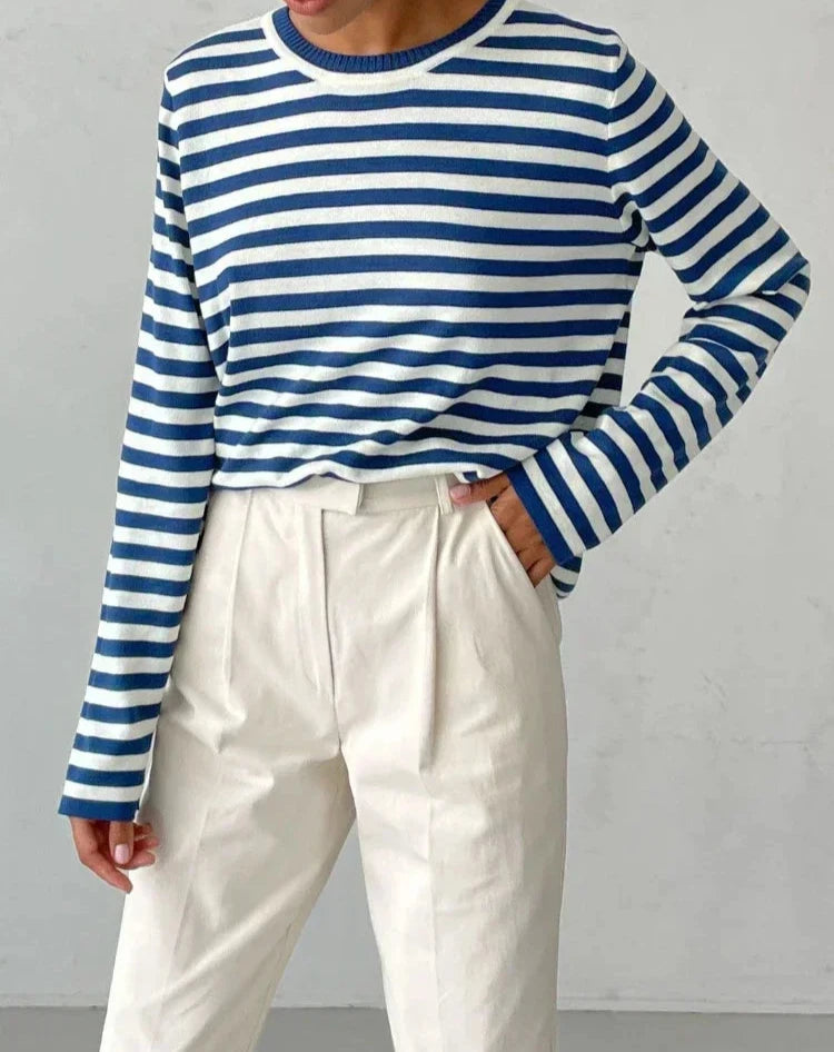 Women's Knitted Stripe Sweater - Loose Fit, Long Sleeve - Various Colors