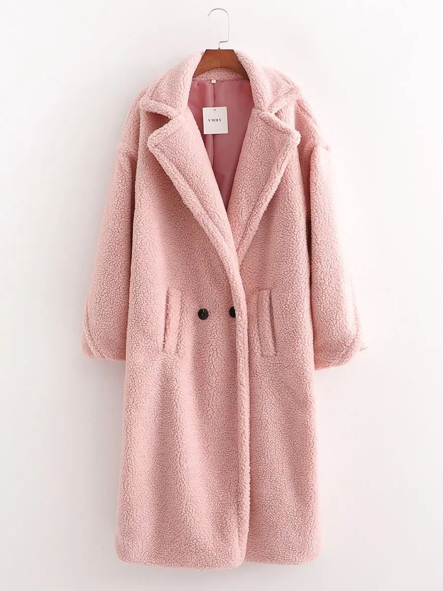 Women's Faux Fur Teddy Coat with Lapel Collar and Pockets