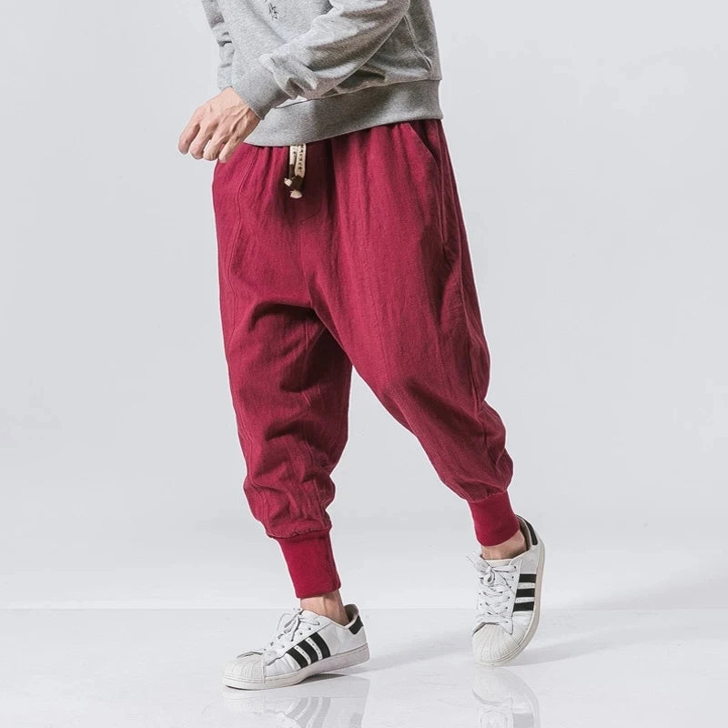 Men's Cotton Linen Harem Pants - Solid Elastic Waist Joggers - Various Colors