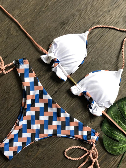 Knotted Striped Bikini Set - Women's 2-Piece Thong Swimsuit