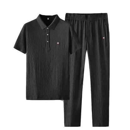 Men's Classic Casual Two-Piece Buttoned T-Shirt and Pants Set