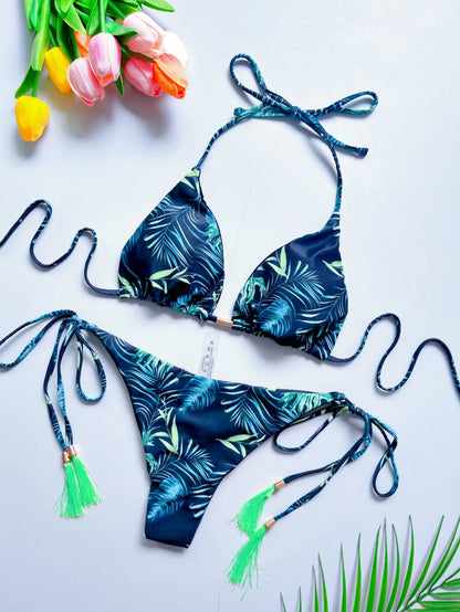 Floral Print Triangle Halter Bikini Set - Women's Two-Piece Swimsuit