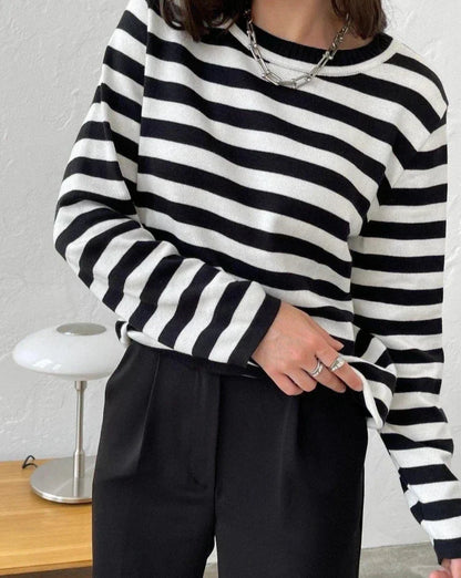 Women's Knitted Stripe Sweater - Loose Fit, Long Sleeve - Various Colors