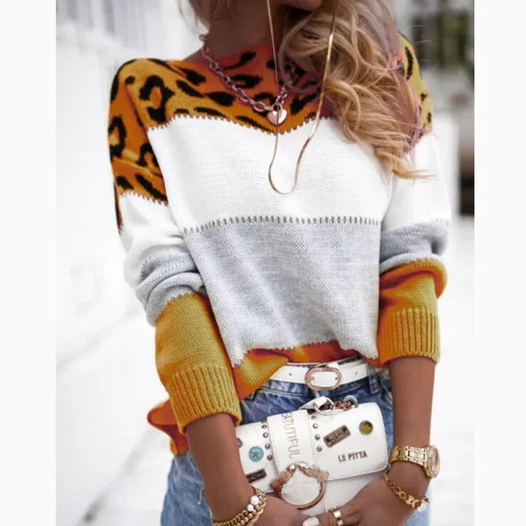 Leopard Print Long Sleeve Knitted Sweater for Women - Various Colors