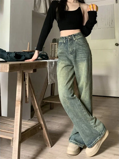 Vintage Washed Denim Baggy Wide Leg Jeans for Women