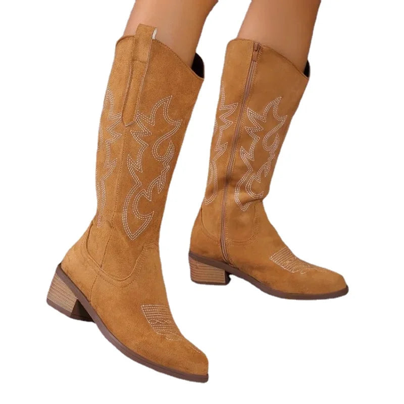 Retro Women's Embroidered Knee-High Boots with Square Toe in PU Leather