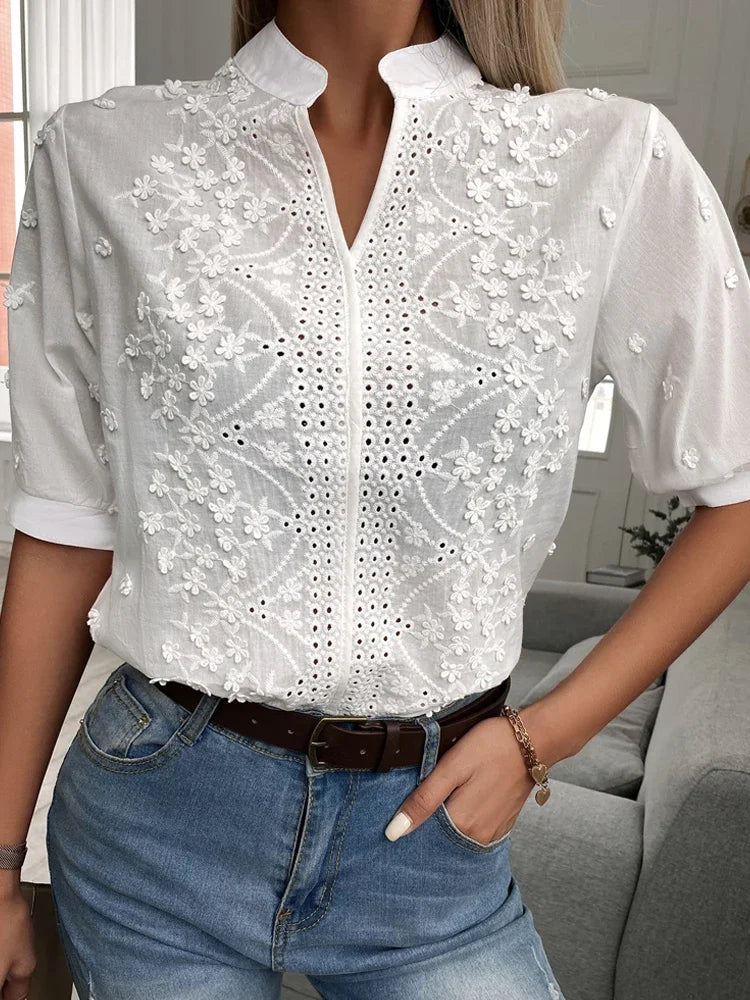 Embroidered White Lace Blouse for Women