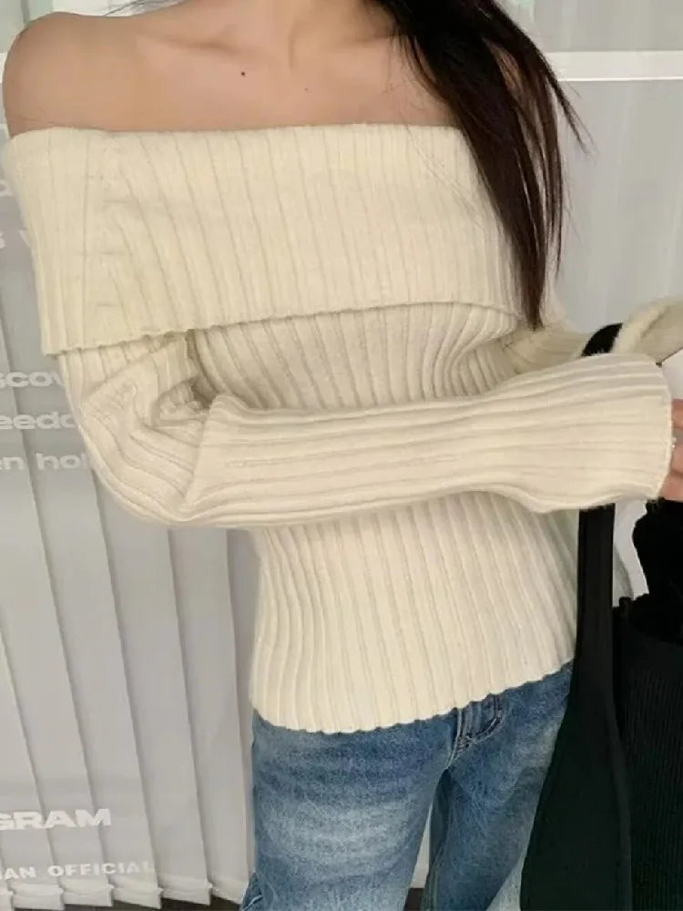 Off-the-Shoulder Knitted Pullover Sweater - Full Sleeve Knitwear for Women