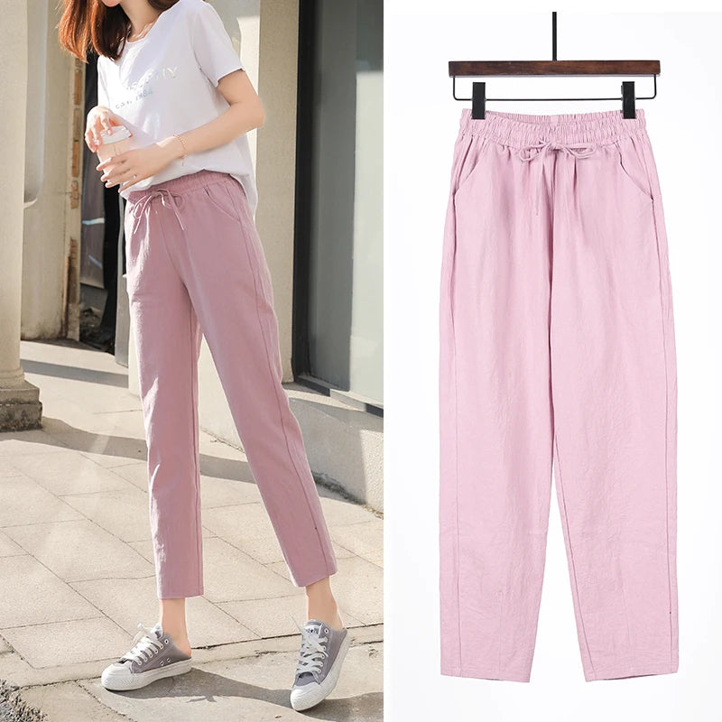 Women’s Cotton Linen Harem Pants – Elastic Waist - Various Colors