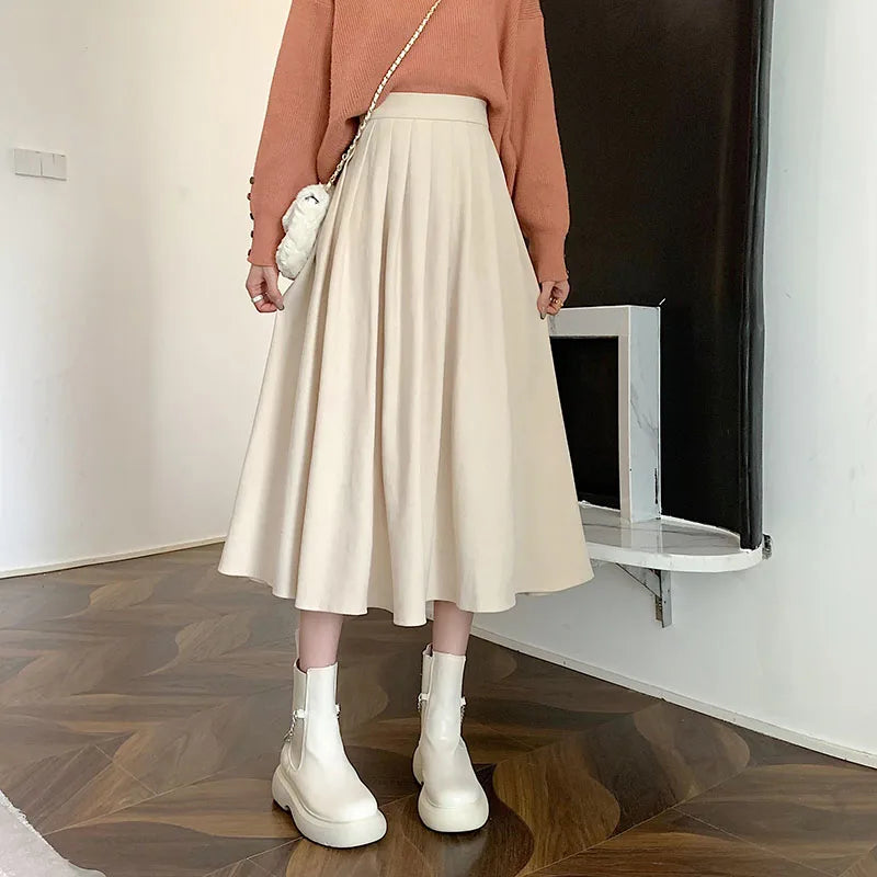 Korean Vintage High-Waisted Pleated Maxi Skirt for Women - Various Colors