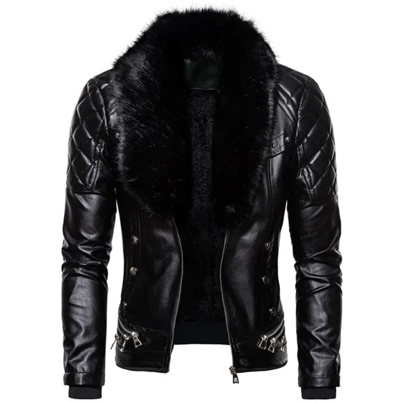 Men's Removable Suede Collar Slim Fit Warm Faux Leather Jacket