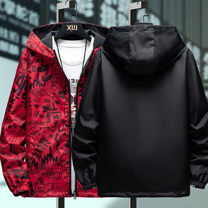 Men's Reversible Graffiti Print Hooded Jacket