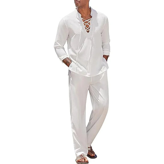 2-Piece Men's Cotton Linen Shirt and Pants Set