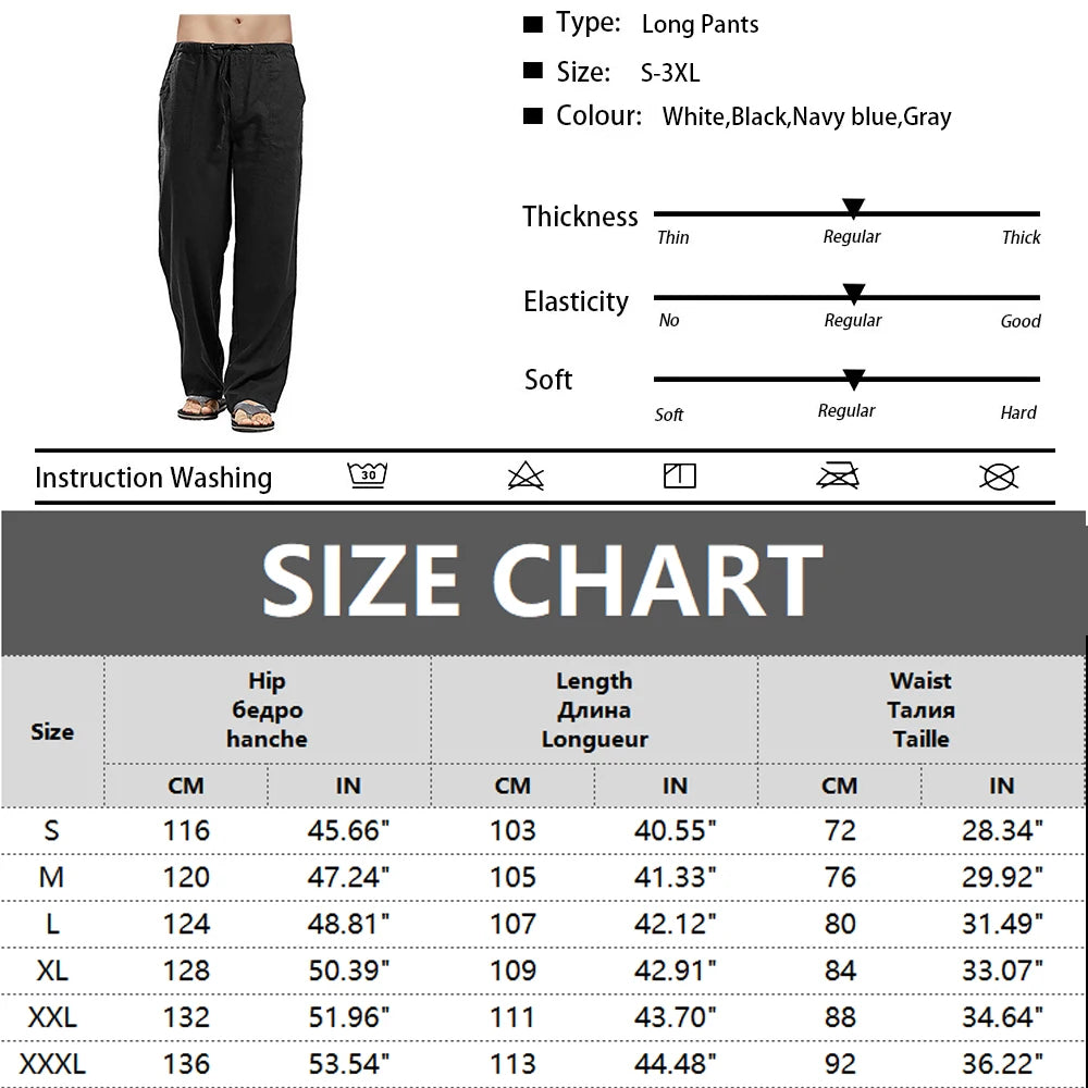 Men's Casual Loose-Fit Cotton Linen Pants with Elastic Waist - Various Colors