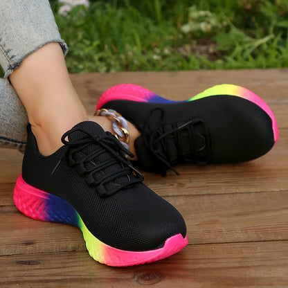 Rainbow Sole Women's Sneakers  - Breathable Mesh Platform Sports Shoes - Non-Slip Lace-Up Design