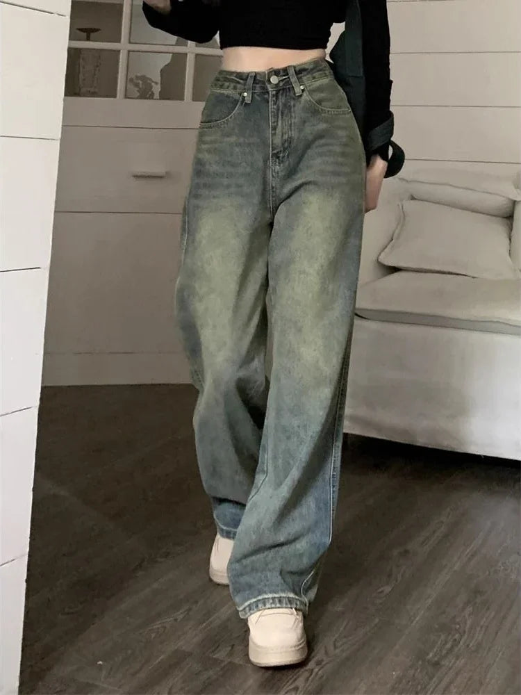 Vintage Washed Denim Baggy Wide Leg Jeans for Women