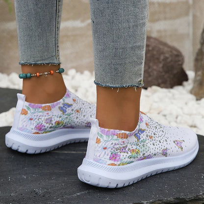 Women's Flower Print Knitted Sneakers with Shiny Crystal Breathable Mesh