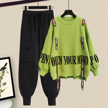 Women's Elegant Two-Piece Tracksuit: Ribbon Knitting Sweater and Pants Set