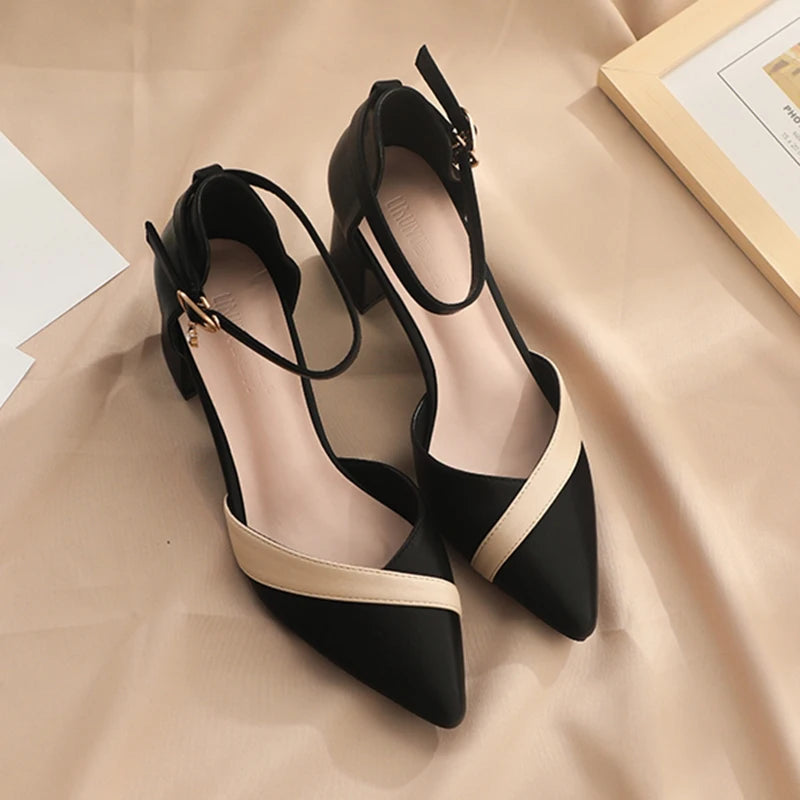 Dual Colored Pointed Toe Ankle Strap High Heels for Women