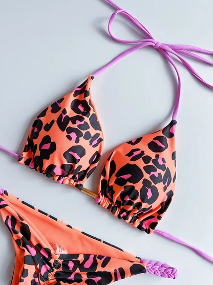 Leopard Print Micro Bikinis for Women with Braided Rope Design