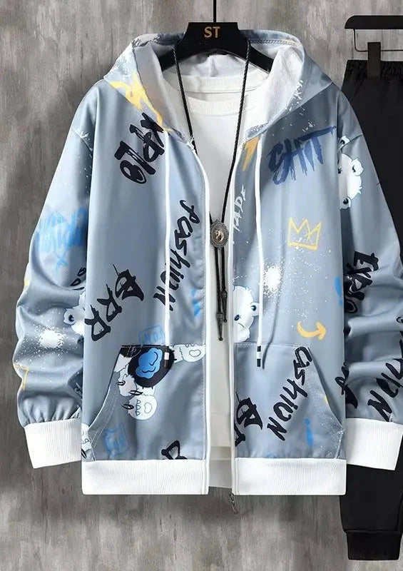 Men's Hooded Jacket with Graffiti Print