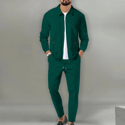 Men's Two-Piece Stand Collar Zipper Jacket and Drawstring Pants Ensemble