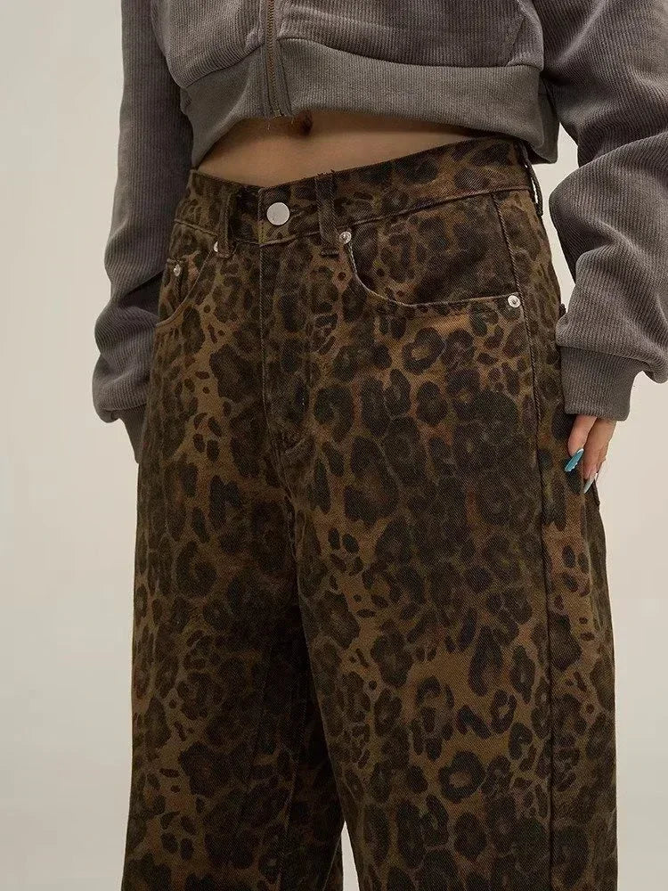 Tan Leopard Print Wide-Leg Jeans for Women - Oversized Style Pants