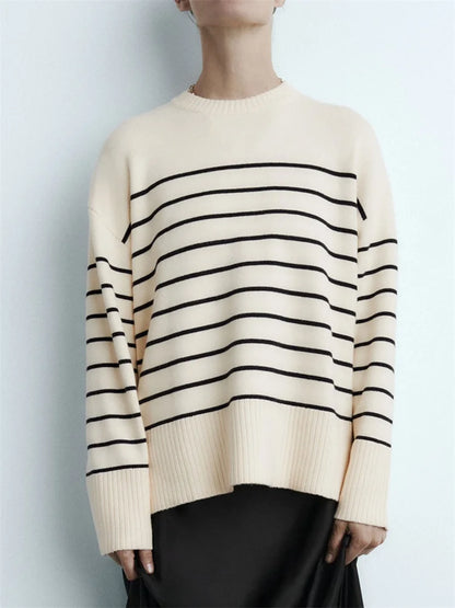 Beige Stripe Oversized Sweater for Women - Long Sleeve Knitted Pullover