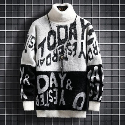 Men's Long Sleeve Turtleneck Sweater with Letter Print