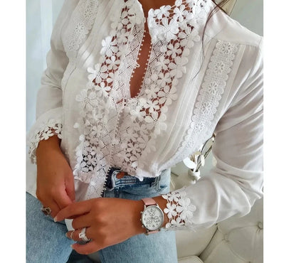 Women's White Blouse with Flower Hollow Stand Collar