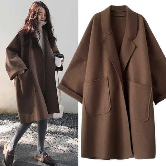 Women's Mid-Length Loose Woolen Trench Coat with Turn-Down Collar