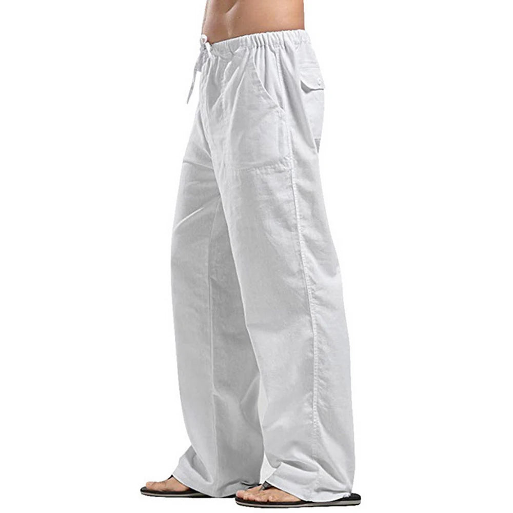 Men's Casual Loose-Fit Cotton Linen Pants with Elastic Waist - Various Colors