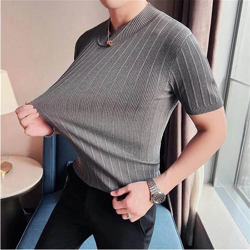 Men's Short Sleeve Slim Fit Knitted Elastic T-Shirt - Various Colors